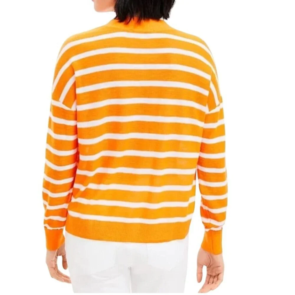Loft Sherbet Orange White Striped V Neck Lightweight Cardigan Sweater Size L